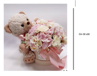 FLOWER BOX Scatola con fiori misti +Orsetto Teddy h. 30 cm FIORI ROSA